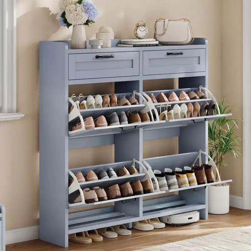 Meuble à chaussures avec 4 tiroirs basculants et 2 tiroirs supérieurs, meuble organiseur à chaussures en bois avec étagère réglable, meuble de rangement à chaussures autoportant