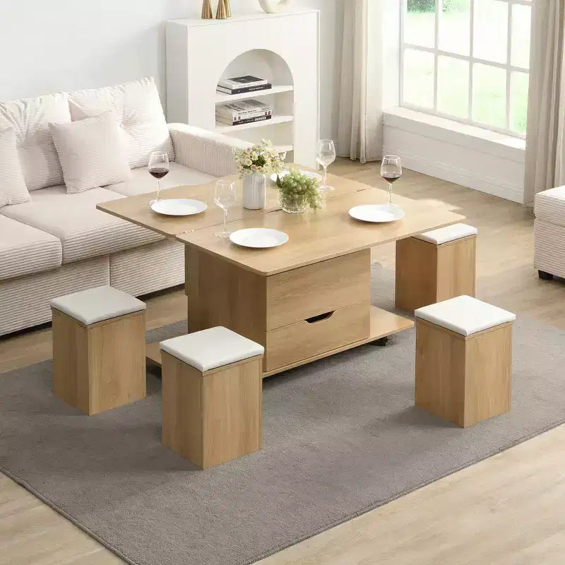 Table basse moderne multifonctionnelle à plateau relevable avec rangement caché, 4 tabourets et roulettes, idéale pour les espaces de vie modernes