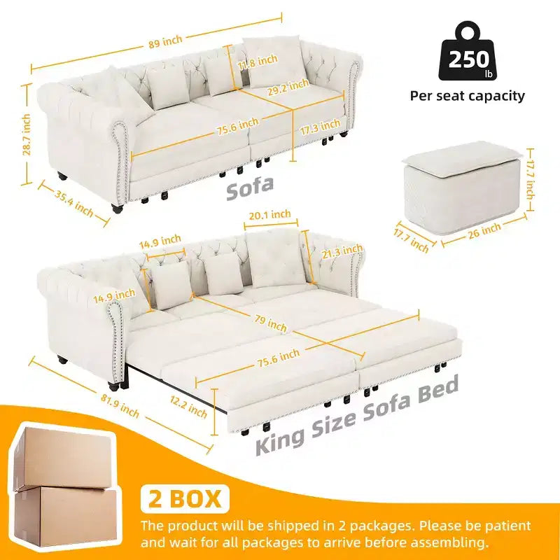 Whisen Schlafsofa aus Samt, 3-in-1, King Size, ausziehbar und umwandelbar, mit beweglichem Ottomanen, gestepptes Design