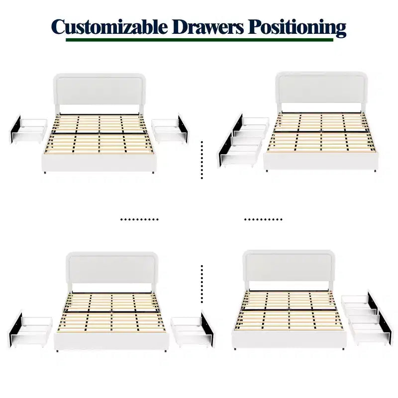 Modern queensize bed met bouclébekleding en opbergladen
