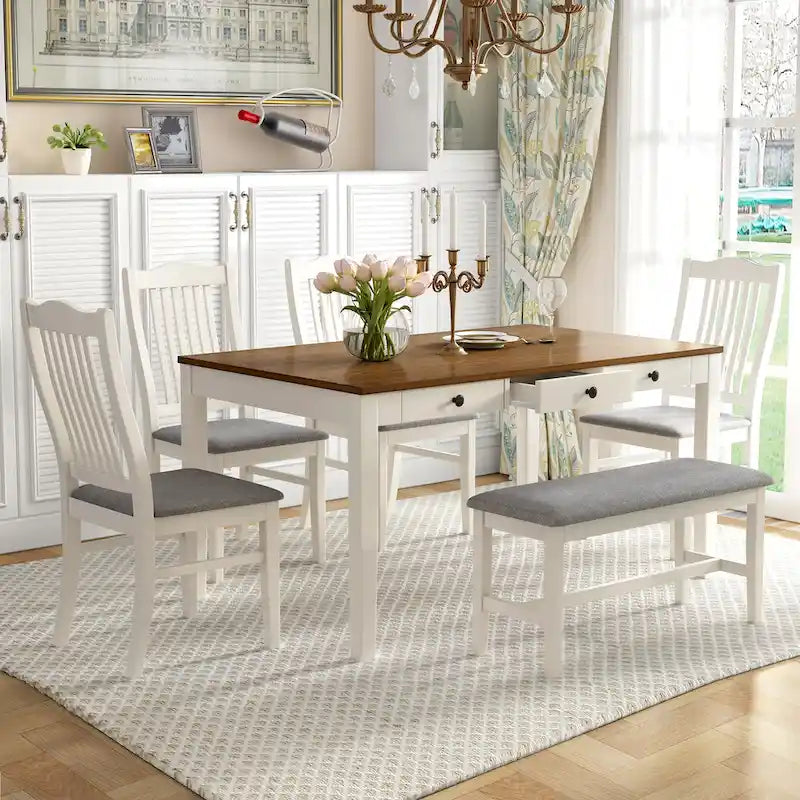 Ensemble de salle à manger en bois de 6 pièces avec 4 chaises et un banc, table avec tiroir