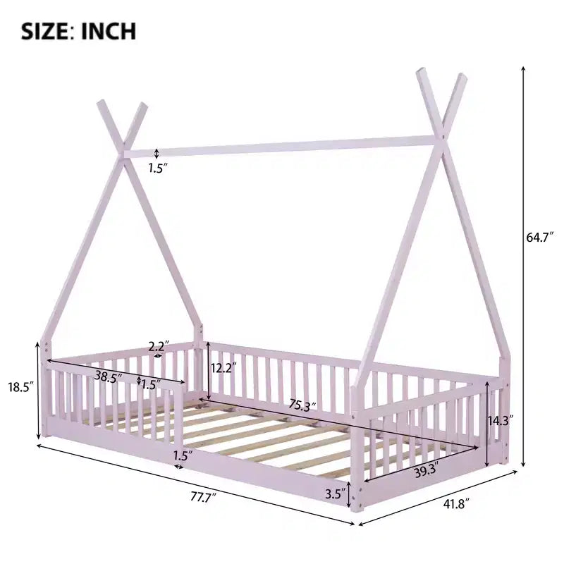 Kinder-Bodenbett, Zeltbett in Einzelbettgröße, Montessori-Bodenbett mit Lattenrost und Schutzgittern, Bettrahmen aus Holz in Hausform für Jungen und Mädchen