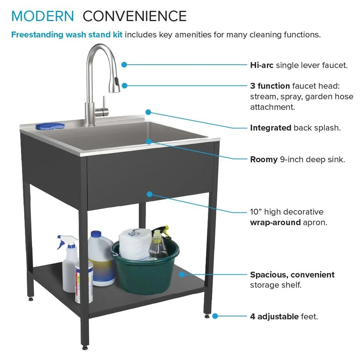 Lavatoio per lavanderia con mobile, in acciaio inox, 24-in W x 22-in D x 35-in H