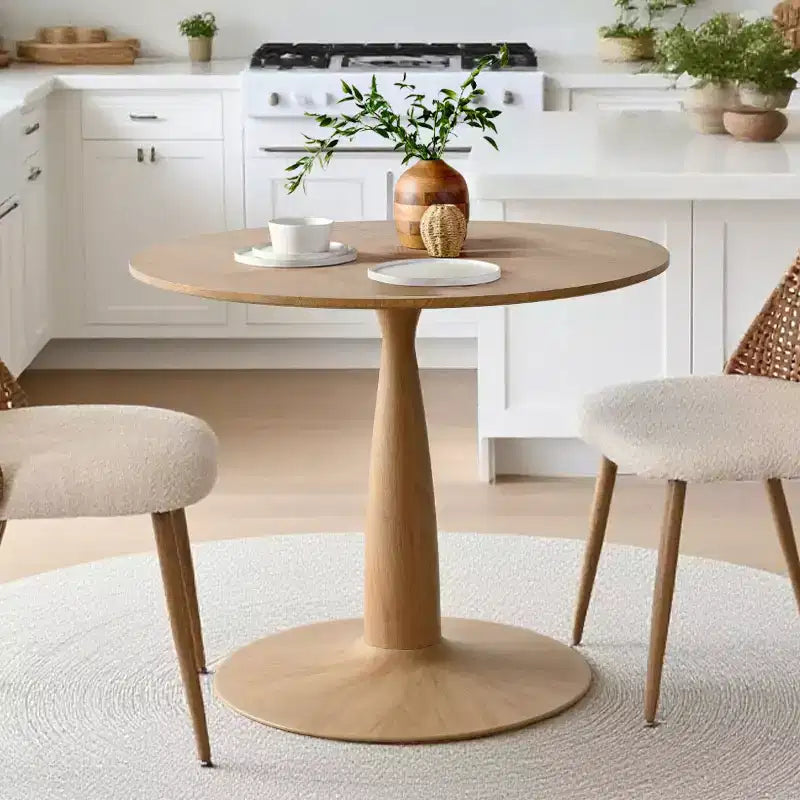 Tavolo da pranzo rotondo moderno con base a piedistallo e finitura effetto legno, tavolino da cucina per appartamento, sala da pranzo e soggiorno-Panipeachy