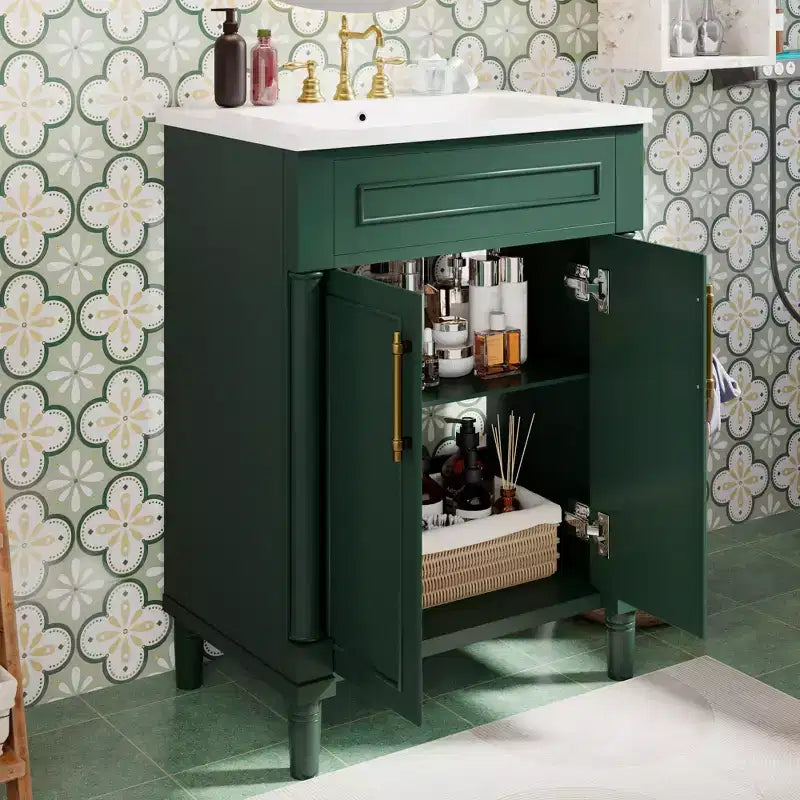 24-Zoll-Badezimmer-Waschtisch mit Keramikwaschbecken, Shaker-Schrank, 2 Türen mit Soft-Close-Funktion, Massivholzrahmen für kleine Badezimmer oder Gäste-WC