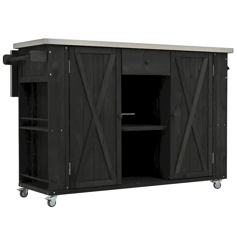 Outdoor Kitchen Island, Rustic Fir Wood with Stainless Steel Top and Smart Storage