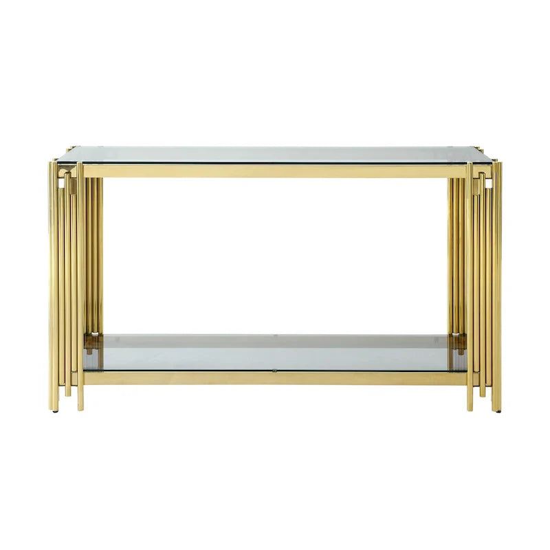 Smalle consoletafel met 2 niveaus, goudkleurig metalen frame en blad van gehard glas