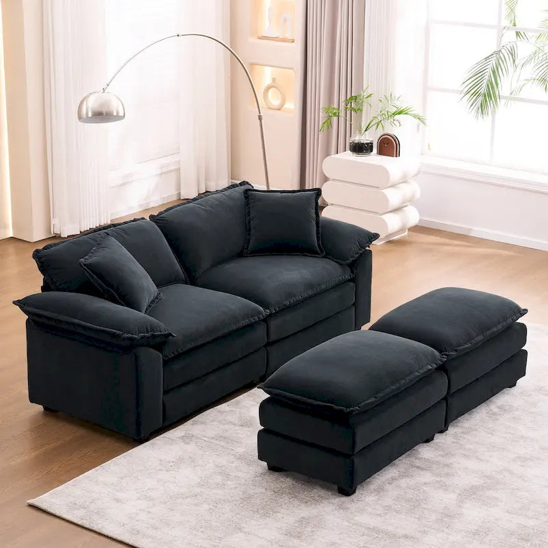 2-Sitzer-Sofa mit 2 Sitzkissen, 2 Kissen und 2 Hockern, bequemes Sofa - tiefes Sofa fürs Wohnzimmer, modulares Sofa
