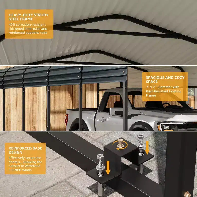 LinTimes 12x24 FT Metall-Carport mit Dach aus verzinktem Stahl, pulverbeschichtetem Rahmen und wasserabweisendem Schutz für Fahrzeuge im Freien