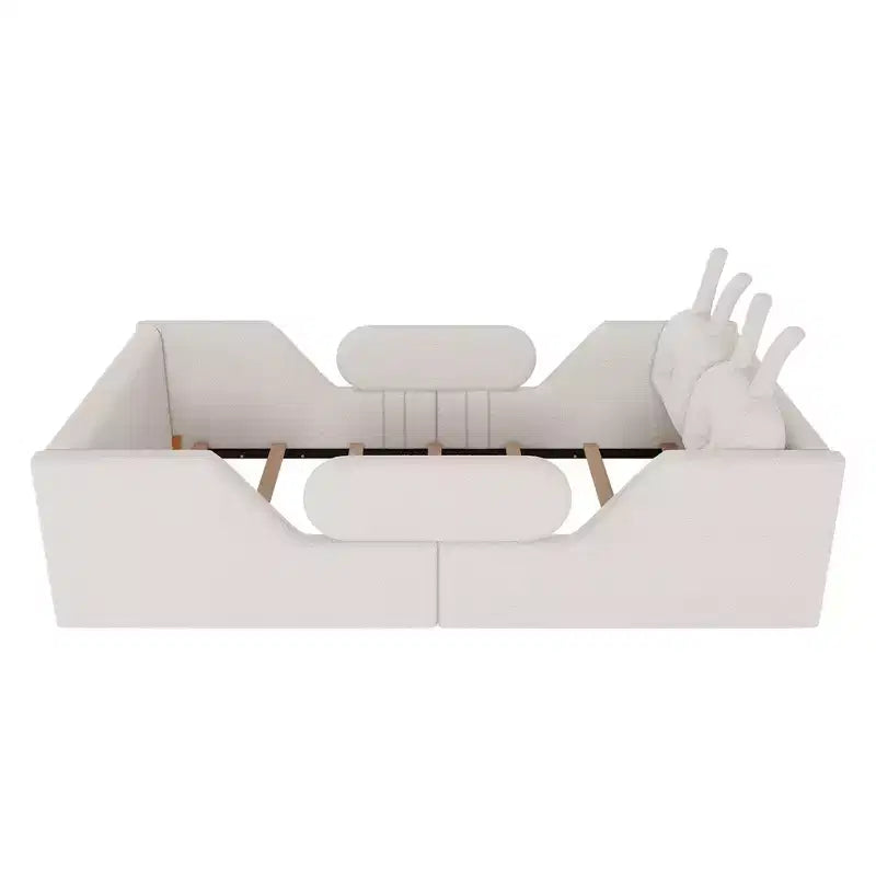 Whisen eenpersoonsbed met platform, gestoffeerd kinderbedframe voor op de vloer met konijnenkussen en afneembare zijhekken