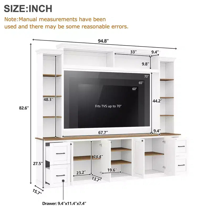 ModernLuxe 4-in-1-Unterhaltungszentrum im Landhausstil, passend für Fernseher bis 70, TV-Ständer-Medienkonsole mit verstellbaren Einlegeböden und Schubladen