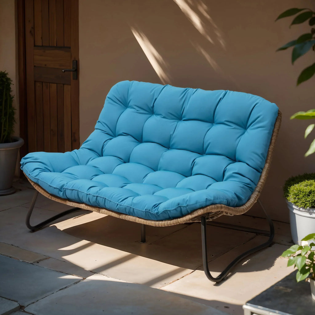 Poltrona doppia Papasan con cuscino, in rattan PE resistente a tutte le condizioni atmosferiche e struttura in metallo, per interni ed esterni
