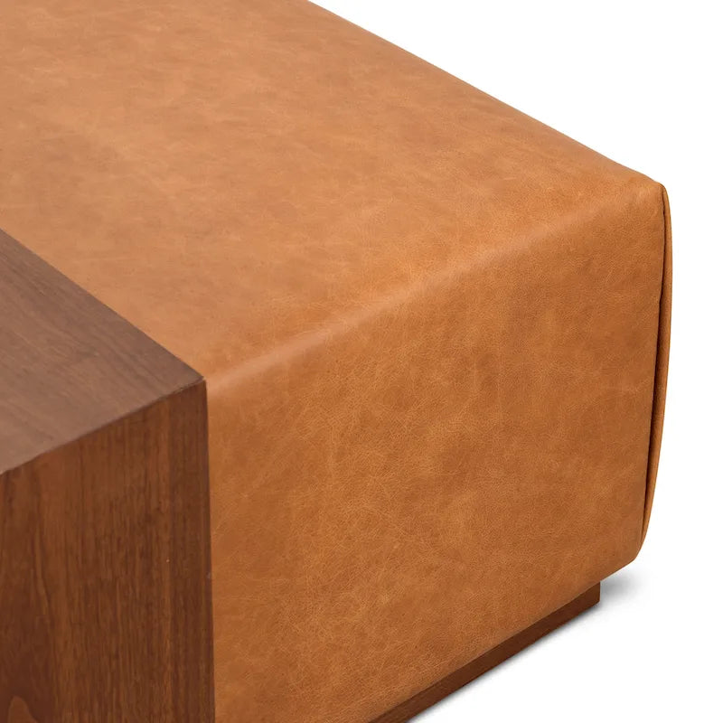 Pouf Jarmo Poly & Bark avec tablette en noyer réglable - cuir italien véritable pleine fleur
