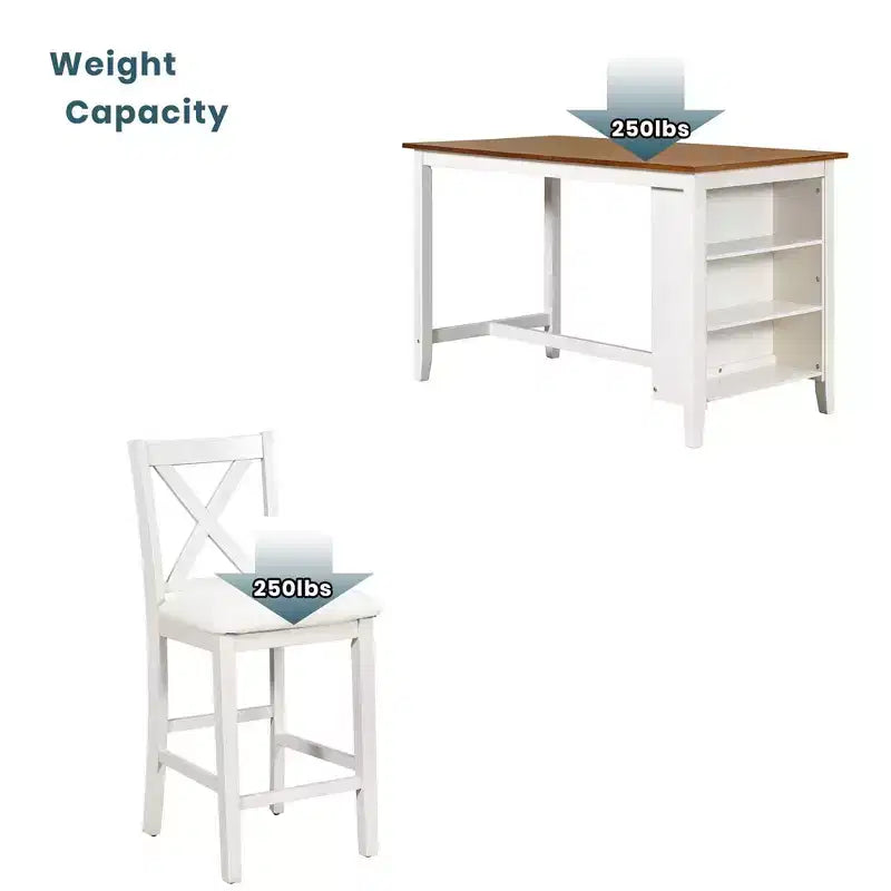 Set Homy Casa da 5 pezzi con tavolo da pranzo e sedie ad altezza bancone, ripiani contenitori, bianco e noce, stile rustico moderno