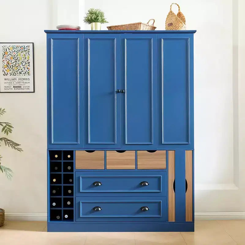 Whisen hoge vrijstaande voorraadkast voor de keuken van 71', grote opbergkast voor de eetkamer met 4 vouwdeuren, planken en wijnrekken