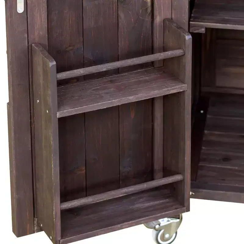 Okak Outdoor-Kücheninsel mit Edelstahlplatte, Küchenwagen aus Holz mit Türen, Ablagen und Gewürzregal, rollende Kücheninsel
