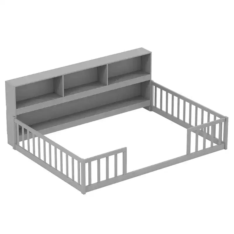 Letto Montessori a terra Twin/Full con libreria, ripiani contenitori e sponde di sicurezza, bianco/grigio