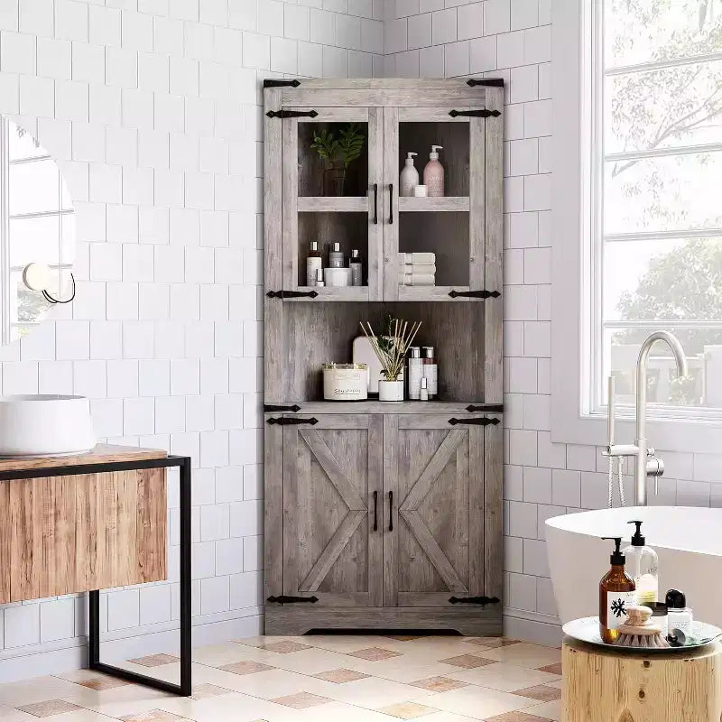 69" hoher Eckschrank im Landhausstil, platzsparender Eckschrank mit Stauraum, Glastür und verstellbaren Einlegeböden, für Wohnzimmer und Küche