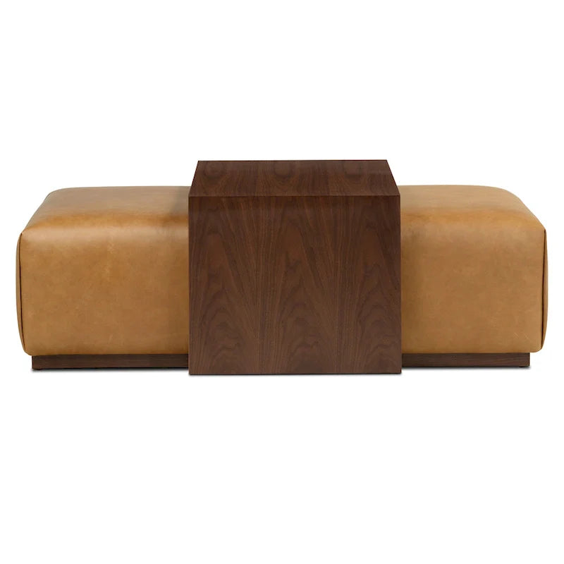 Pouf Jarmo Poly & Bark avec tablette en noyer réglable - cuir italien véritable pleine fleur