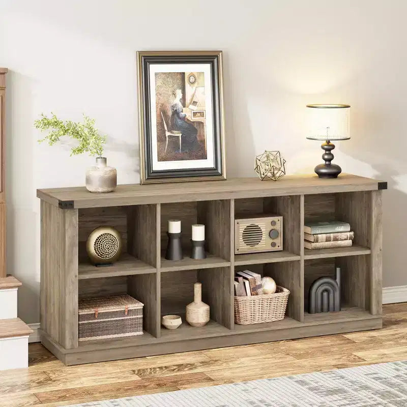 Bücherregal mit 8 Fächern, im Landhausstil, waagerecht, 62 Inch, aus Holz, für den Eingangsbereich, langes, niedriges Bücherregal fürs Wohnzimmer