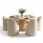 Conjunto de jantar moderno para 6 pessoas, mesa redonda com pé central, cadeiras giratórias tipo barril com rodas, chenille texturizado - Panipeachy