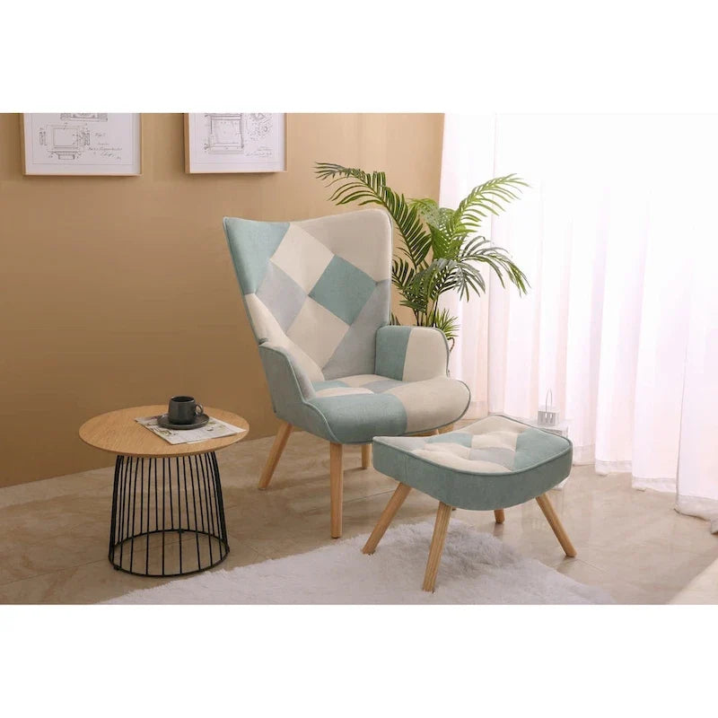 Akzentstuhl mit Hocker, Wohnzimmer-Stuhl- und Hocker-Set, bequemer Beistellsessel für das Schlafzimmer, kreativ zusammengesetzter Stoffbezug