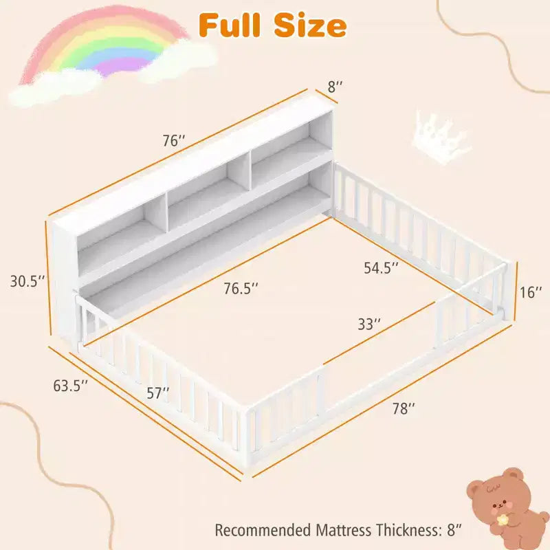 Letto Montessori a terra Twin/Full con libreria, ripiani contenitori e sponde di sicurezza, bianco/grigio