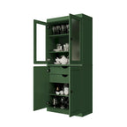 100% Solid Wood Pantry Cabinet with Frosted Glass Doors, Solid Doors, 2-Drawers and Adjustable Shelves