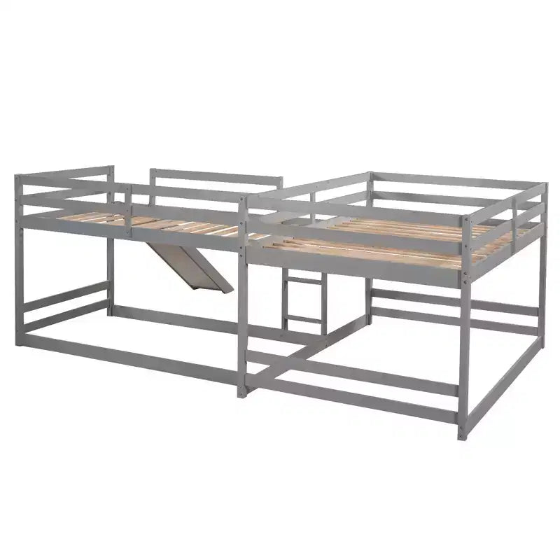 L-förmiges Etagenbett für 4 Kinder, Vierer-Etagenbett mit Rutsche und Bettgestell aus Holz in Full- und Twin-Size für Schlafzimmer und Wohnheim