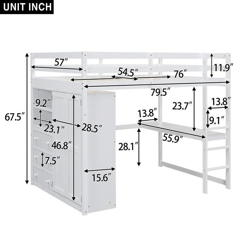 Lit mezzanine en bois, format deux places, avec armoire intégrée, bureau, étagères de rangement et tiroirs