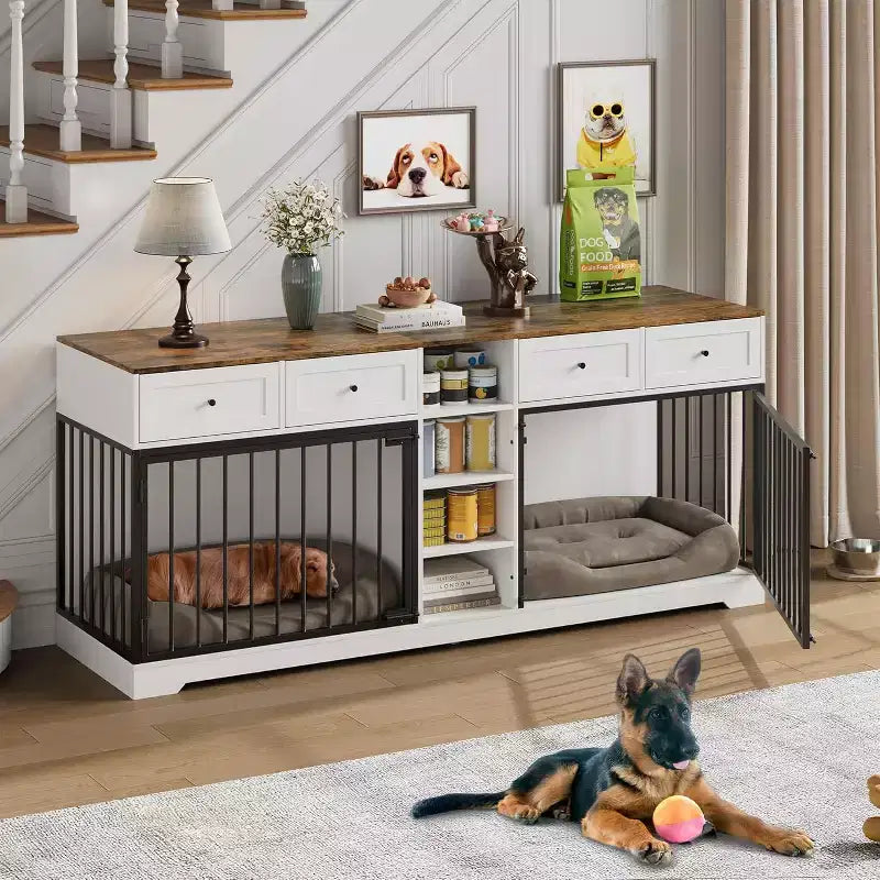82 Hundebox-Möbel für zwei Hunde, große Hundehütte für den Innenbereich, robuste Hundebox aus Holz mit 4 Schubladen und Regalen, als TV-Ständer