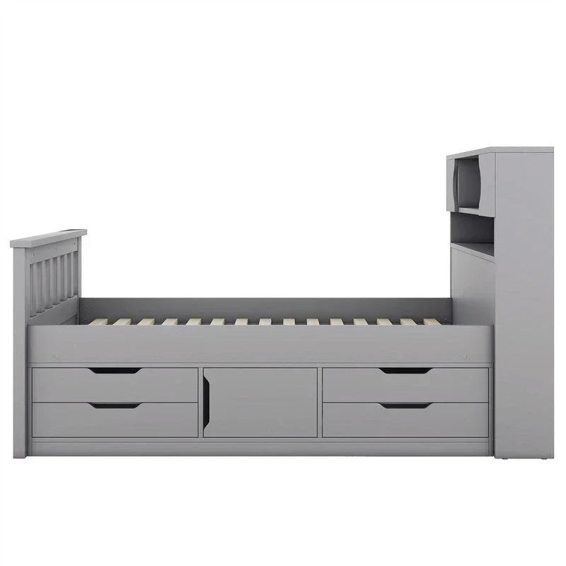 Lit plateforme capitaine une place/deux places avec 4 tiroirs et étagères de rangement, cadre en bois massif avec tête de lit bibliothèque et rangements
