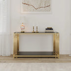 Smalle consoletafel met 2 niveaus, goudkleurig metalen frame en blad van gehard glas