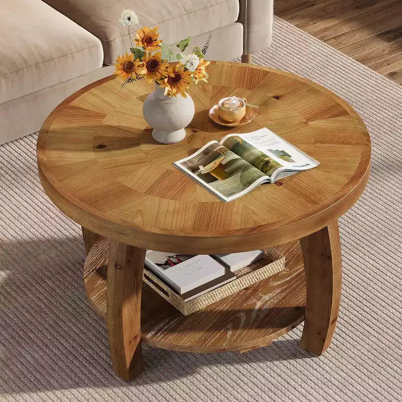 Lantine ronde salontafel van massief hout, bijzettafel met 2 niveaus en opbergruimte, tafelblad van 31.5 inch met mozaïekpatroon, eenvoudig te monteren, voor de woonkamer, bruin