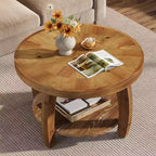 Lantine ronde salontafel van massief hout, bijzettafel met 2 niveaus en opbergruimte, tafelblad van 31.5 inch met mozaïekpatroon, eenvoudig te monteren, voor de woonkamer, bruin