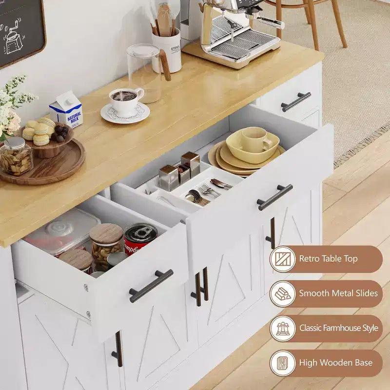 Aparador Celebalcony com arrumação, armário de cozinha grande de 53.4 com 3 gavetas e 4 portas, prateleira ajustável para cozinha e sala de estar