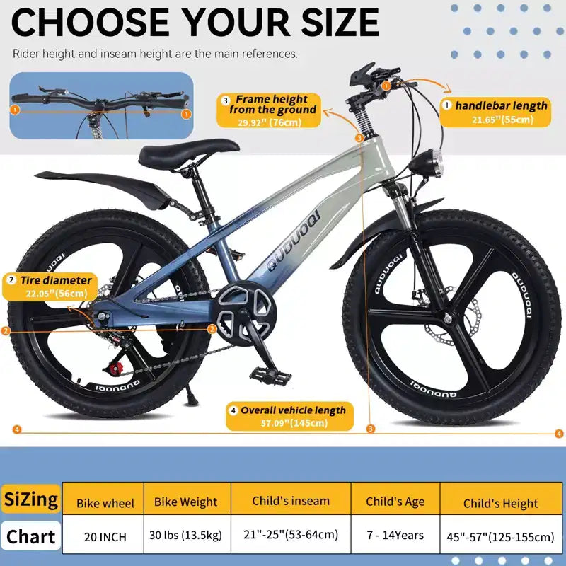 NAYSAYE 20-Zoll-Mountainbike für Kinder mit 7-Gang-Schaltung und Rahmen aus Magnesiumlegierung für Jungen und Mädchen von 8-12 Jahren, 57.09*21.65*29.92
