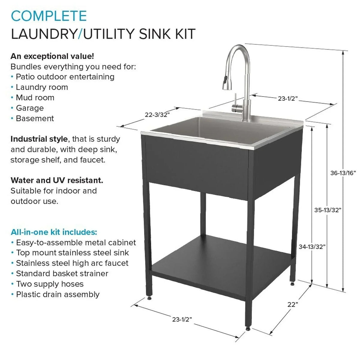 Lavatoio per lavanderia con mobile, in acciaio inox, 24-in W x 22-in D x 35-in H