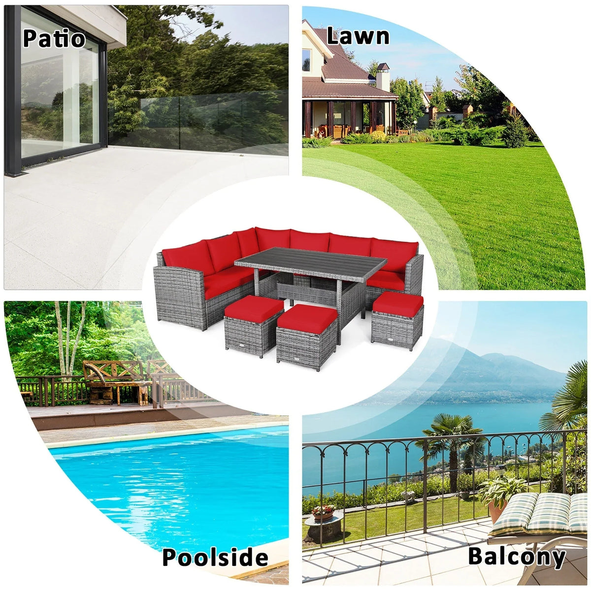 Costway 7-teiliges Ess-Set aus Polyrattan für die Terrasse mit Ecksofa und Hocker - Details ansehen
