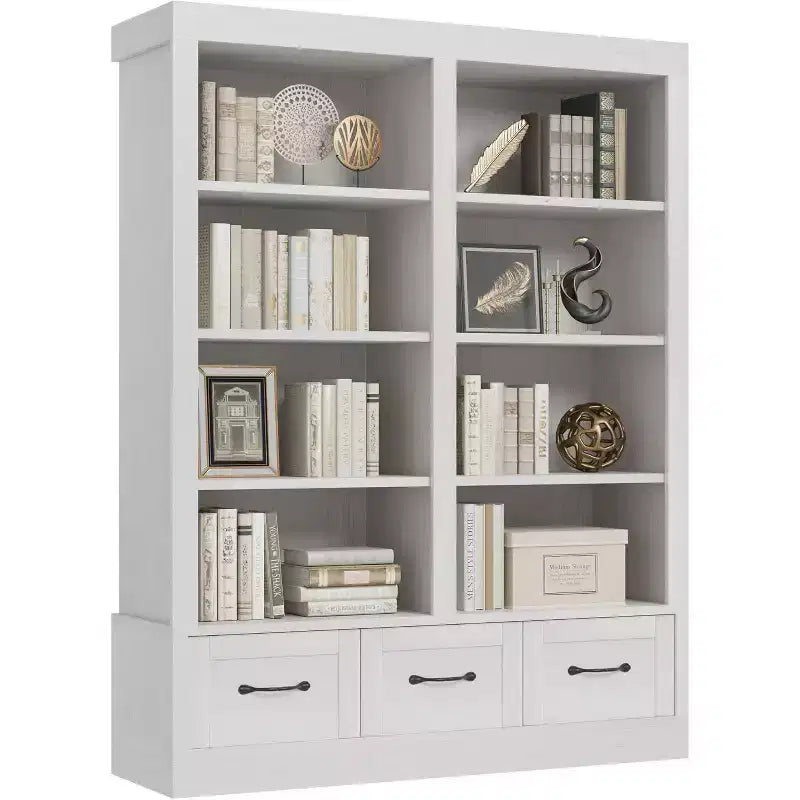 64 H Bücherregale und Bücherschränke, Bücherregal mit 3 Schubladen, 4 Ebenen, doppelt breit und offen, für Büro und Wohnzimmer