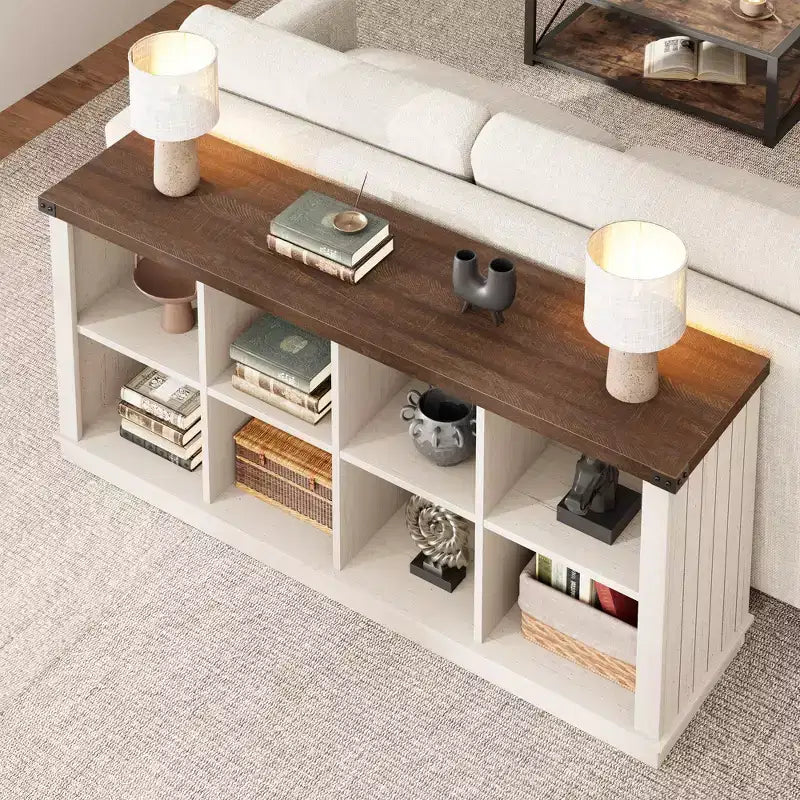 Bücherregal mit 8 Fächern, im Landhausstil, waagerecht, 62 Inch, aus Holz, für den Eingangsbereich, langes, niedriges Bücherregal fürs Wohnzimmer