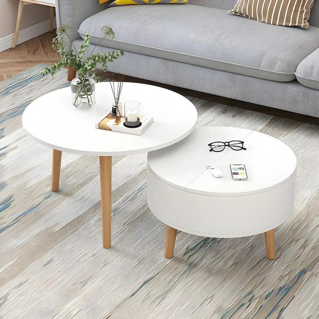 Moderne ronde houten salontafel in zwart-wit met opbergruimte