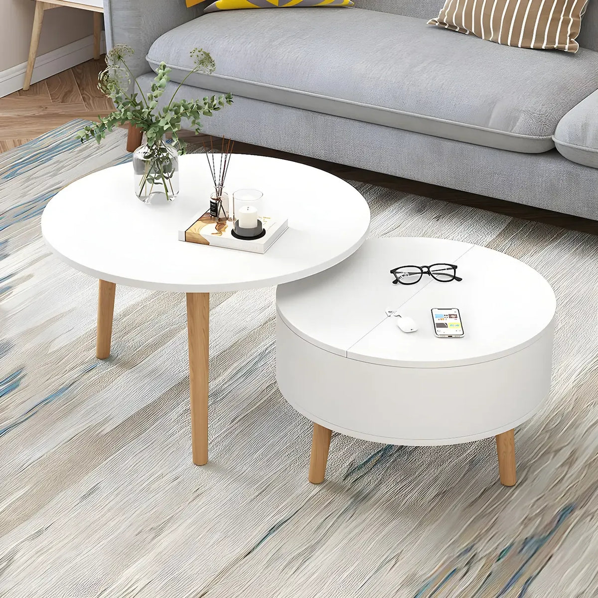 Moderne ronde houten salontafel in zwart-wit met opbergruimte