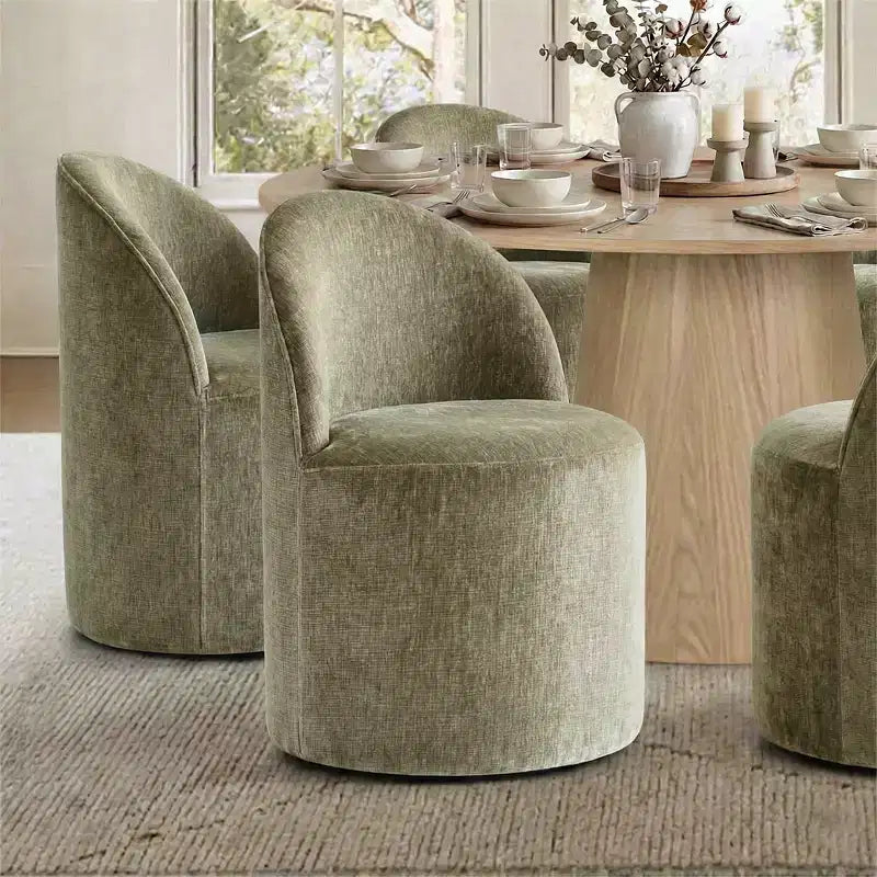 Conjunto de jantar moderno para 6 pessoas, mesa redonda com pé central, cadeiras giratórias tipo barril com rodas, chenille texturizado - Panipeachy