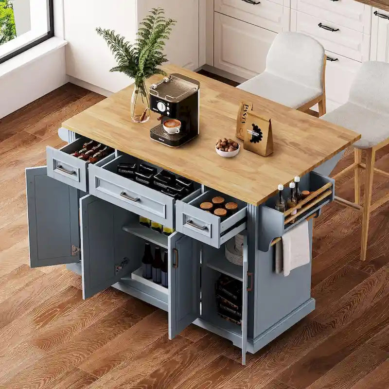 Ilha de cozinha grande de 54 com aba rebatível em madeira de seringueira, carrinho de cozinha com textura em relevo, rodízios e 4 portas e 3 gavetas