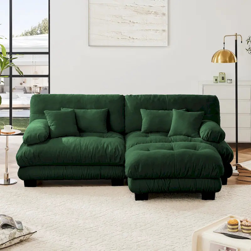 Narożna sofa dwuosobowa w kształcie litery L z tapicerką chenille i poduszkami lędźwiowymi