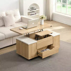 Table basse moderne multifonctionnelle à plateau relevable avec rangement caché, 4 tabourets et roulettes, idéale pour les espaces de vie modernes