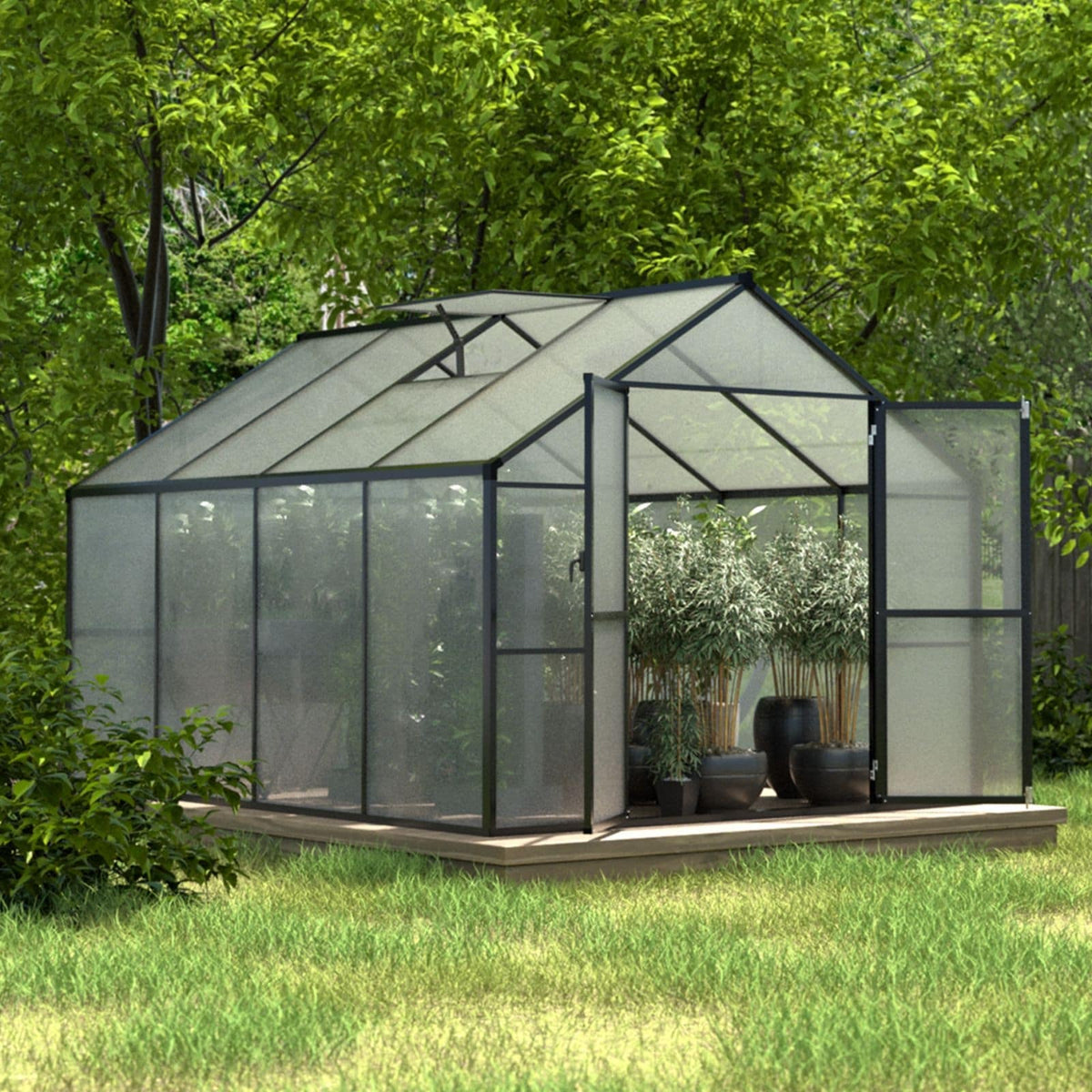 VEIKOUS Aluminum Walk-In Garden Greenhouse Kit with Adjustable Roof Vent and Lockable Door Grey