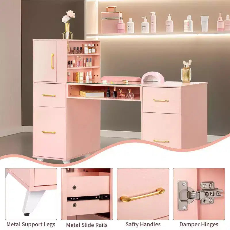 Schwarzer/rosa moderner Nageltisch mit Glasplatte und Handgelenkauflage, Einzelplatz