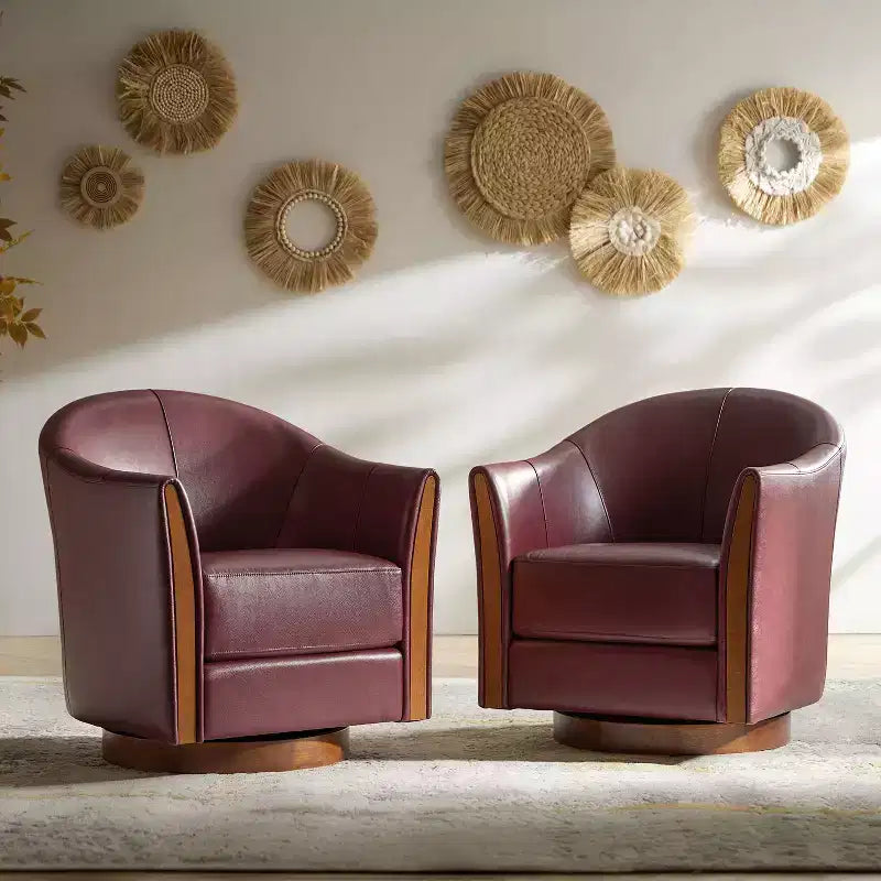 Pocono Übergangs-Stil-Drehfasssessel aus echtem Leder mit Massivholzgestell, 2er-Set, Artful Living Design